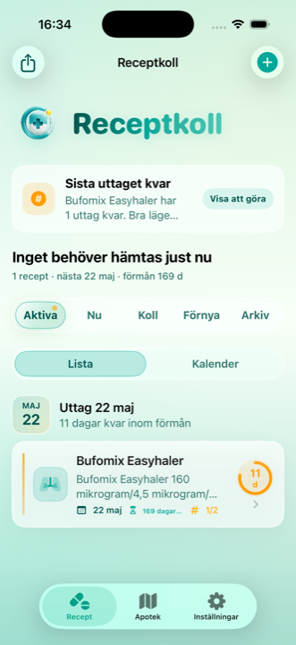 Receptkoll översikt med uttag, förmån och påminnelser