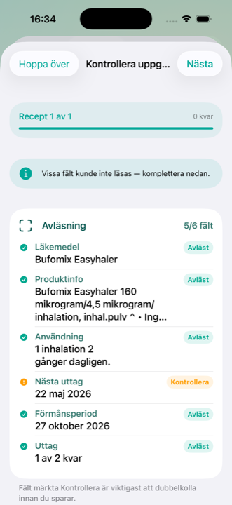 Kontrollera avlästa fält