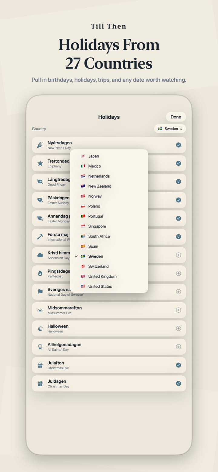 A picker showing flags and holidays from 27 countries.