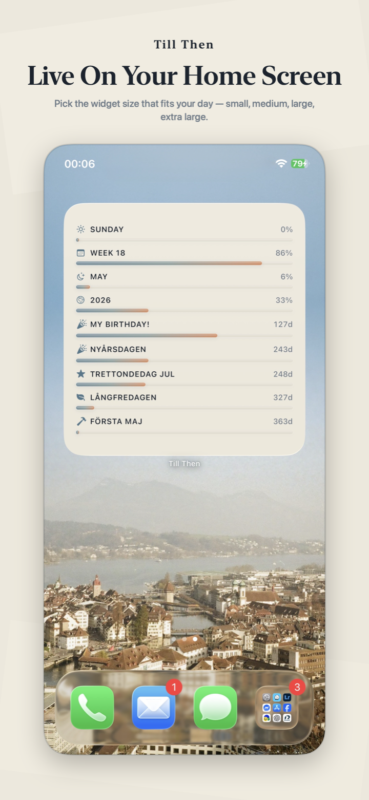 An iPhone home screen with the Till Then widget showing a list of countdowns.