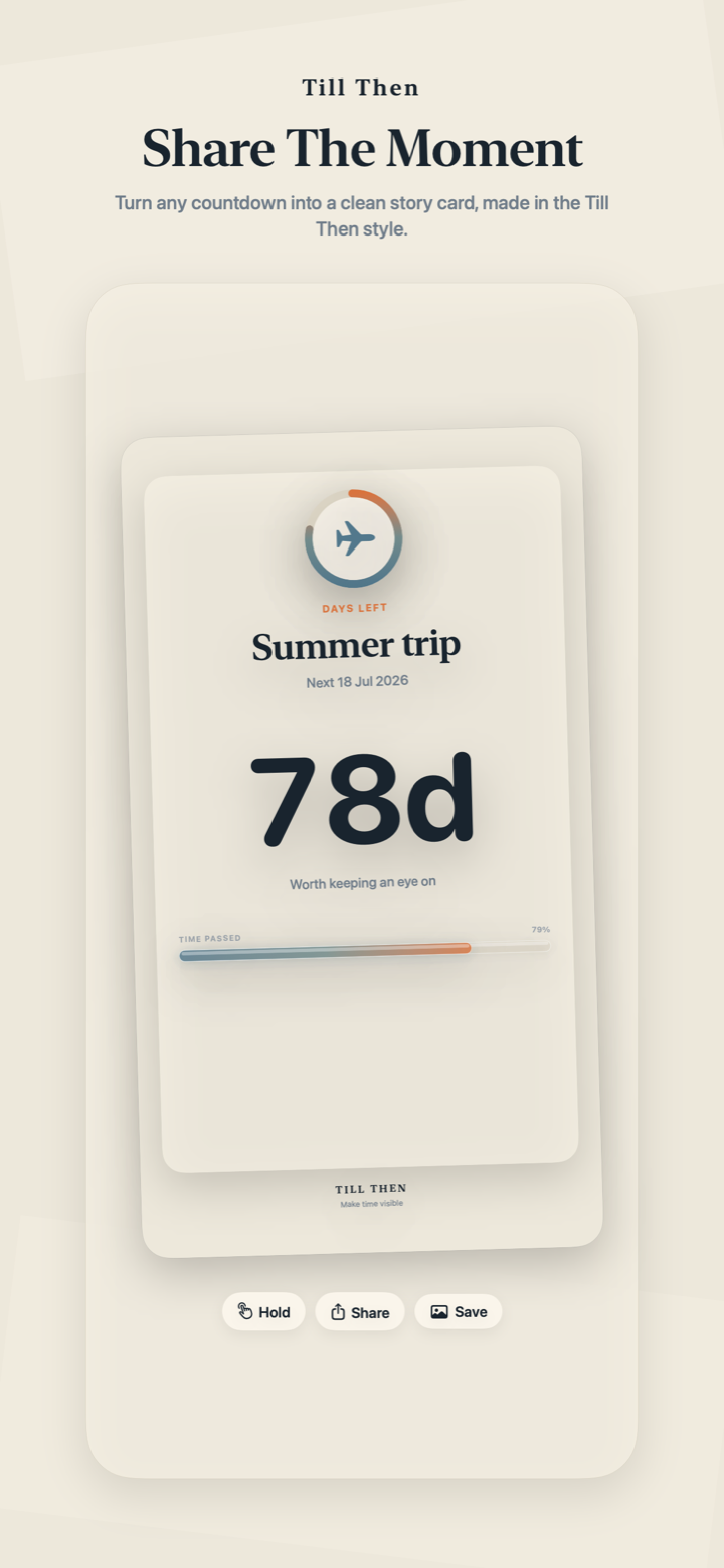 A 9:16 share card showing a Summer trip countdown of 78 days.