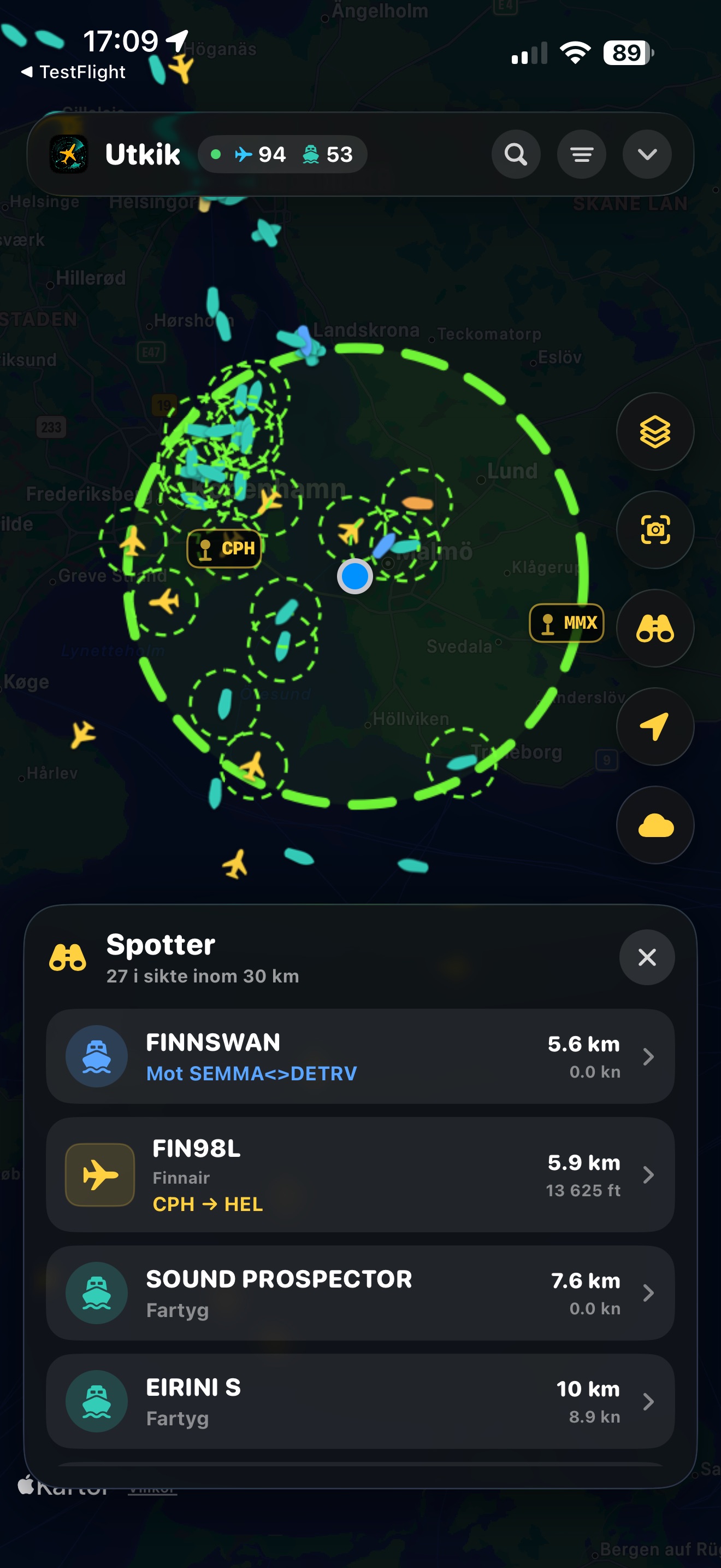 Spotter-läge med en ring runt din position och en lista sorterad på avstånd.